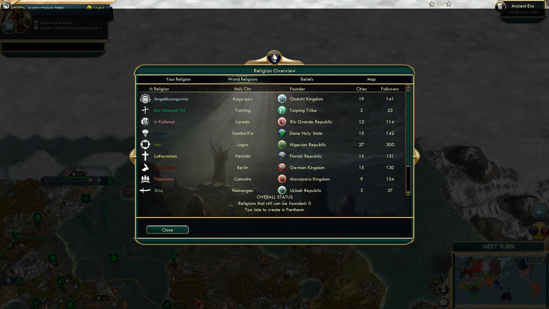 CBR In-Game Screenshot of Religion Stats
